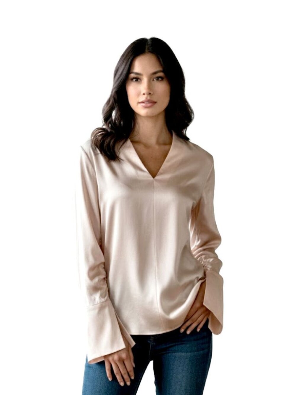 Lewit Satin V-Neck Ruched Silk Blouse, Shell Pink Women's Size XS